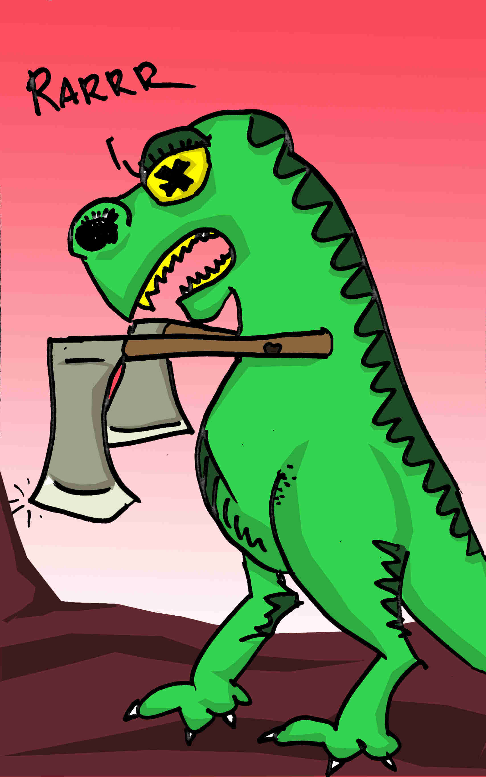 Colored illustration of a green dinosaur with axe arms, against a pink background, with RARRR, spelled out above