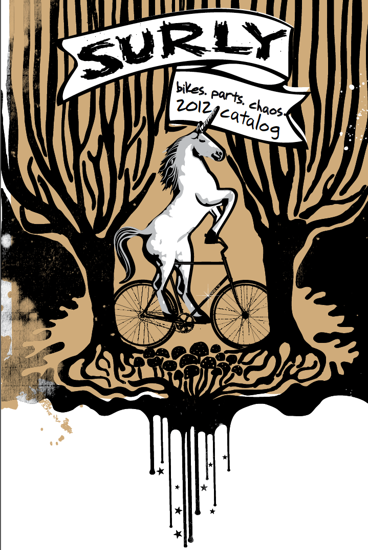 Color illustrated graphic of a Surly bikes catalog, showing unicorn riding a bike between 2 trees