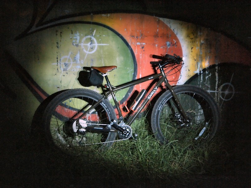 Right side view of a Surly ECR bike, parked in tall grass, against a painted wall at night, with a light shining on it