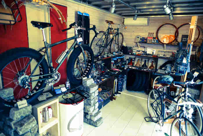 Inside view of the Wakka bicycle life shop, with a variety of Surly bikes on display