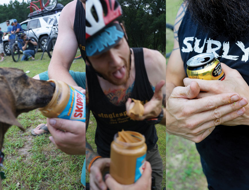 3 part image - left to right - Dog eats from a peanut butter jar - cyclist eats from a peanut butter jar - sticky hands