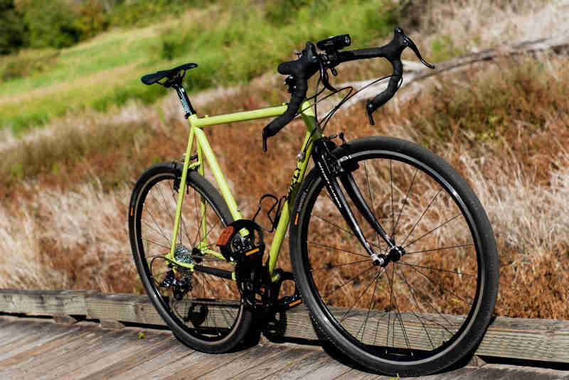 Front right side view of a green Surly bike, on a wood bridge, with marshy weeds below in the background