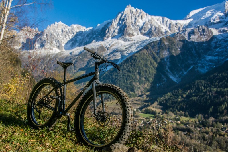 Right side view of an olive drab Surly fat bike, on a grassy hill with snow capped mountains in the background