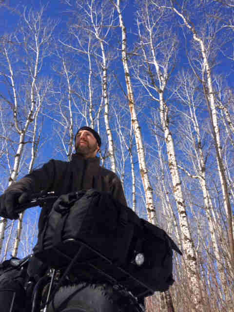 Upward,  close up view of a cyclist standing with a fat bike with a front rack pack, in front of tall birch trees