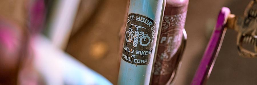 Close-up of decal on down tube of custom Krampus 'Make it Your Own' Surly Bikes X Paul Comp