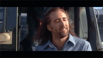 Looped GIF of the actor, Nicolas Cage, stepping out of a bus, in the movie, Con Air