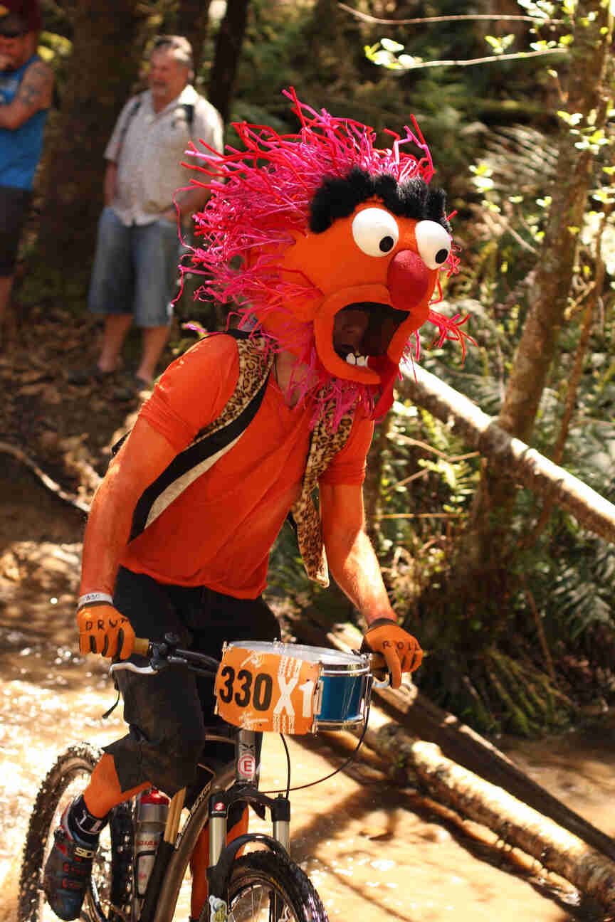 Front, right side view of a cyclist, wearing a costume head of a Muppets TV show character, riding thru a mud puddle