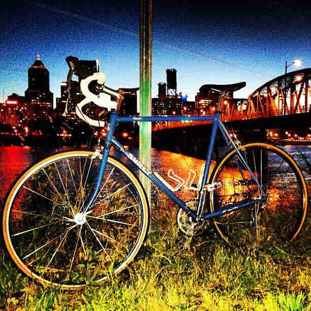 Left side view of a blue Surly Pacer bike, parked in weeds on a river bank, with a skyline in the background, at night