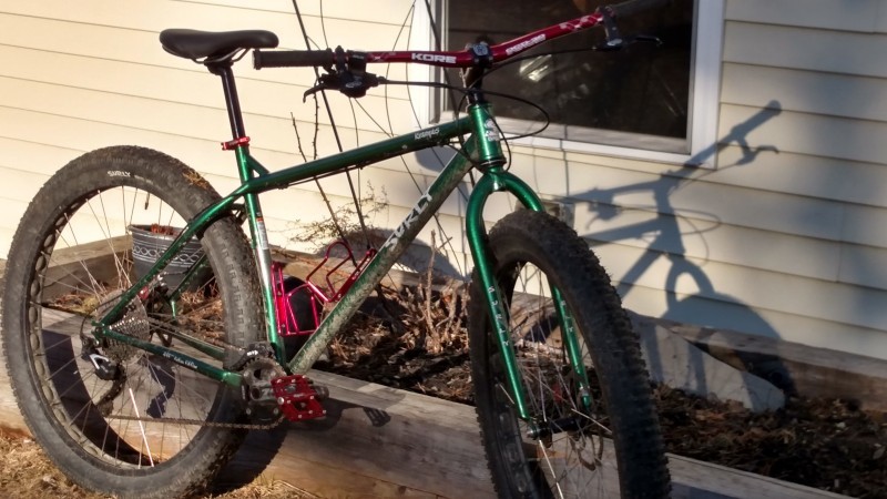 Right side view of a green Surly Krampus bike, parked along a planter box against a house wall