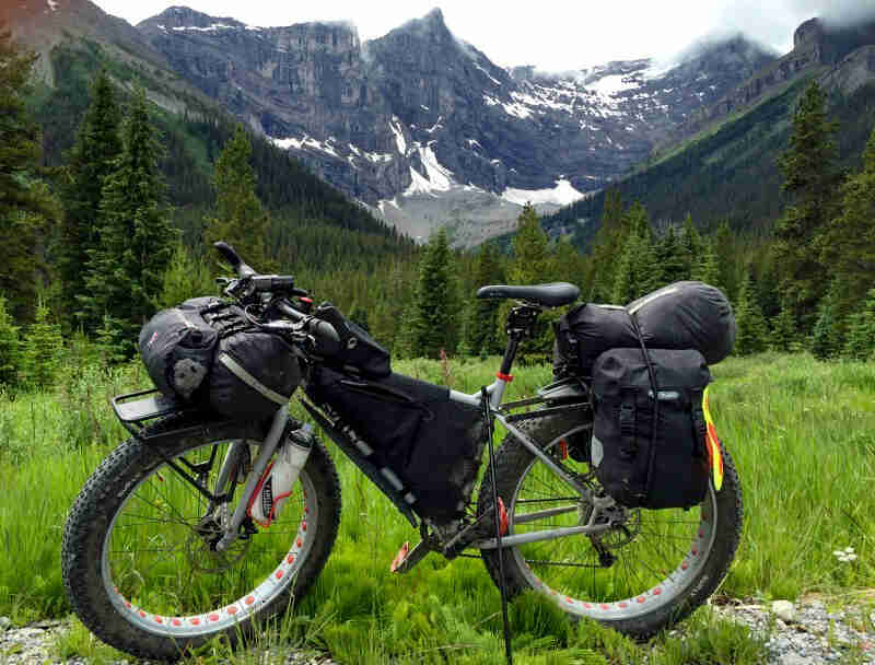 Left side view of  Surly fat bike, loaded with gear, parked on a grassy field, with mountains in the background