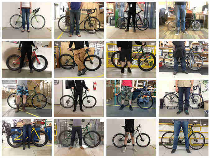 A 16 image collage of the left side views of Surly bikes with a person standing in front of them