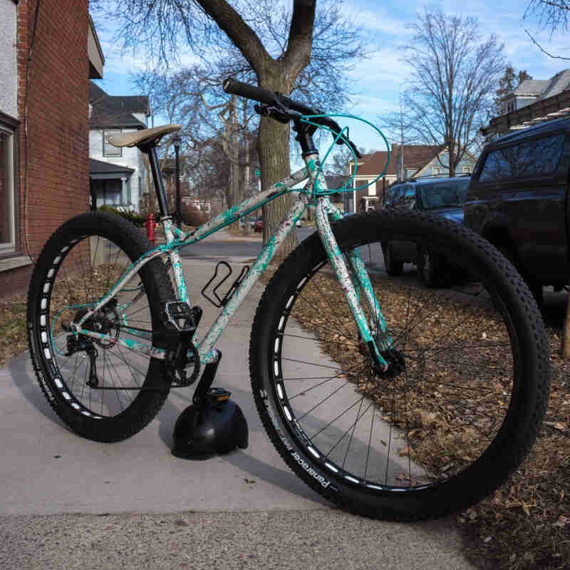 Right side view of a custom painted Surly bike, parked across a sidewalk in a neighborhood in fall