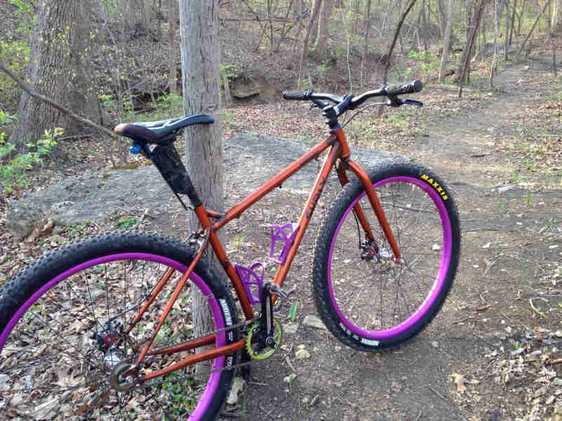 Right side view of a copper color Surly bike with purple rims, leaning on a post at a dirt clearing in the woods