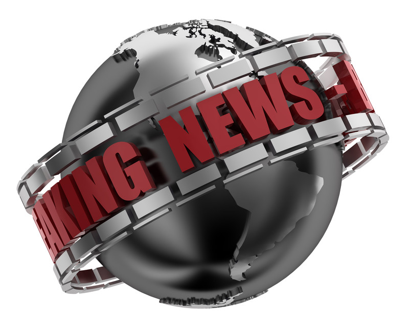 A CGI graphic showing a band with Breaking News in red text, circling around a gray earth