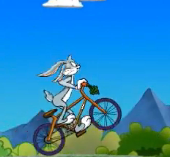 Cartoon illustration of Bugs Bunny, riding a wheelie on a Surly bike, with trees and mountains in the background