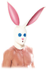 Front, top half of a shirtless person, wearing a bunny mask