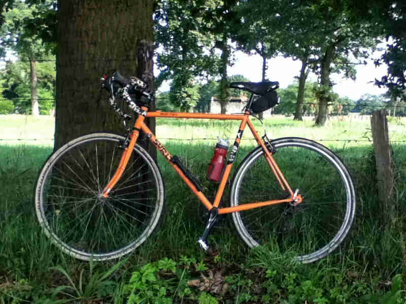 Left side view of an orange Surly Cross Check bike, parked in a grass field, in front of a tree with a wire fence behind