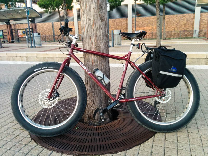 Left side view of a red Surly Pugsley fat bike, parked against the base of a tree on the rail station platform