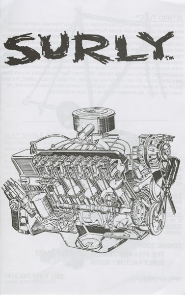 Surly Bikes catalog cover - black text, with a pencil drawing of a car engine - black & white