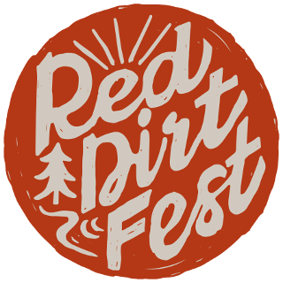 A red circle graphic with, Red Dirt Fest, written in white writing