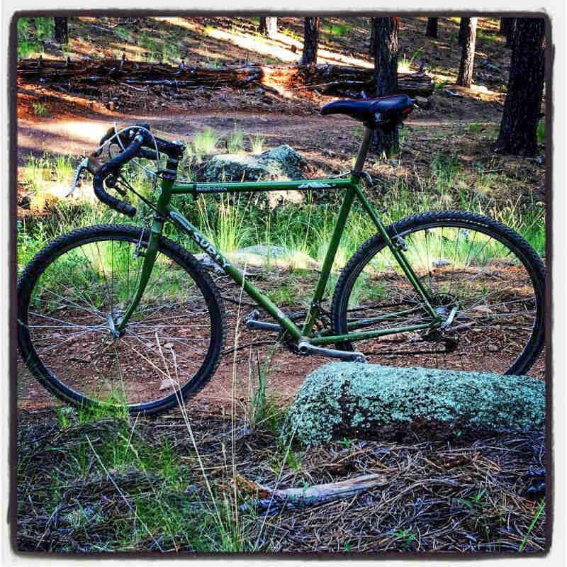 Left profile of a Surly Cross Check bike, green, parked on a red gravel trail in the forest