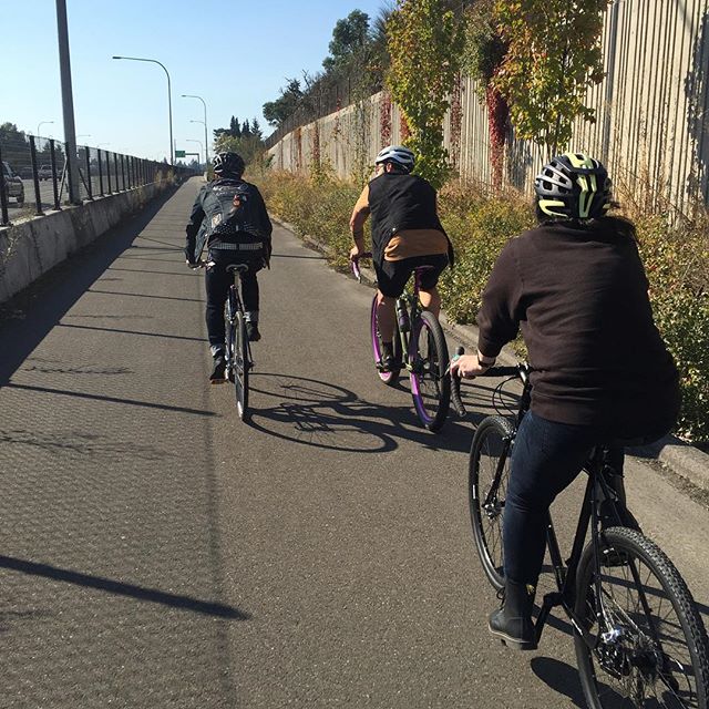 Rear view of 3 cyclists riding their bikes on a paved trail that runs along the side of a highway