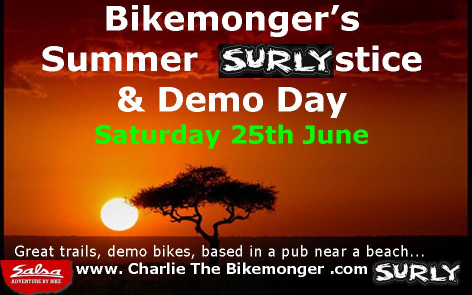 A webpage ad for the Bikemonger's Summer Surlystice & Demo Day event, with a sun and tree image behind the text