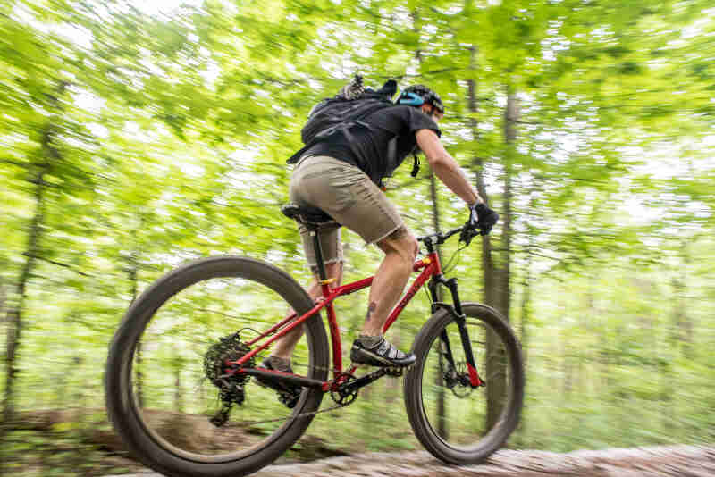 Rear right side view of a cyclist riding a red Surly bike on a dirt trail in the forest