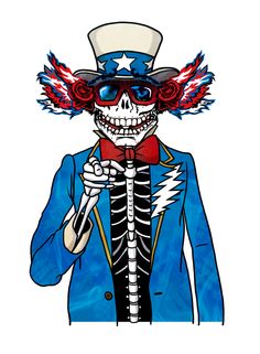 Graphic illustration of Uncle Sam with a skeleton face wearing sunglasses - red, white and blue coloring