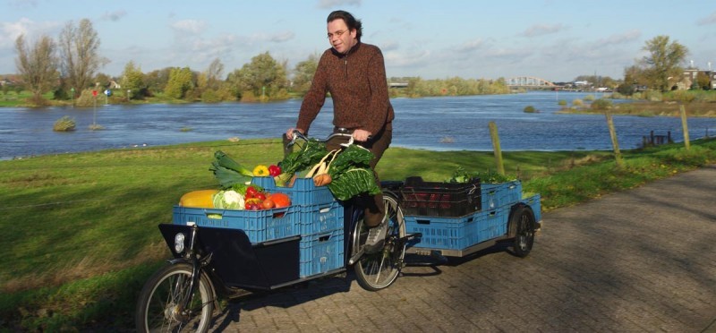 A cyclist riding down a brick path along a river, on a 3 wheel bike, pulling a trailer full of vegetables