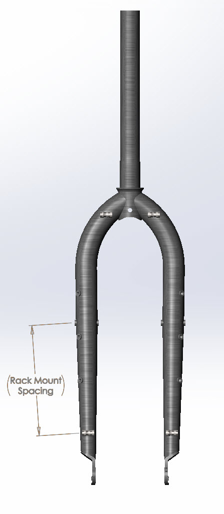 CAD Illustration - bicycle forks - arrows pointing out rack mount spacing - front view