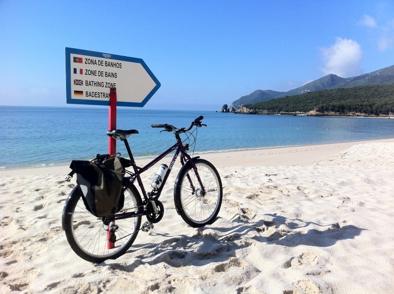 Right side view of a black Surly Troll bike, leaning against a signpost on a beach, with water and mountains behind it