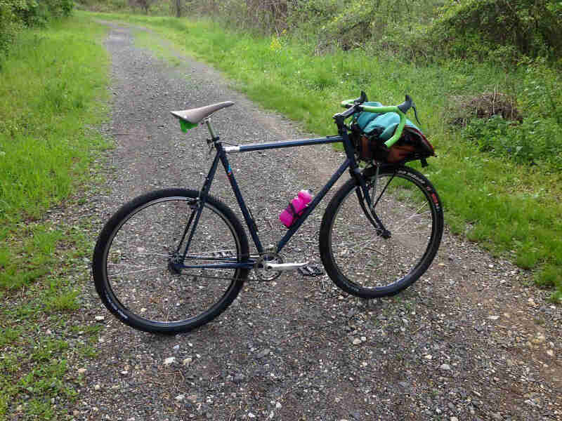 Right side view of green Surly Cross Check bike, parked across a gravel road, with weeds on the sides