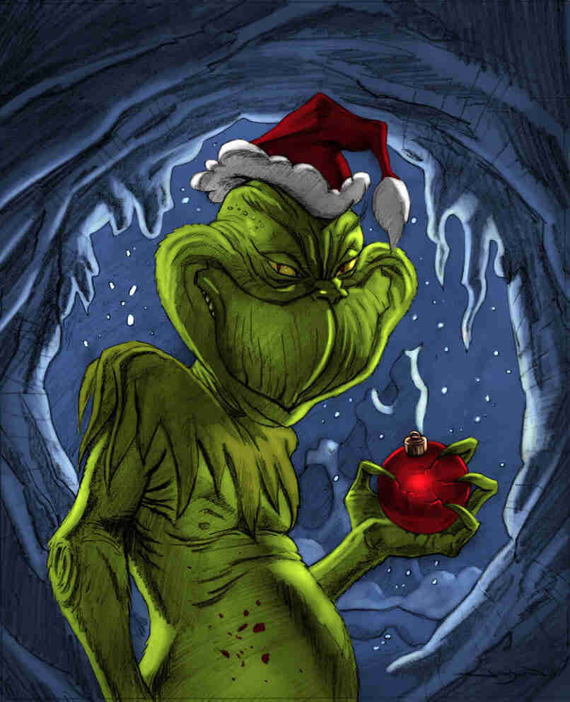 An animated, colored illustration of the Dr. Seuss character, The Grinch in a snowy cave