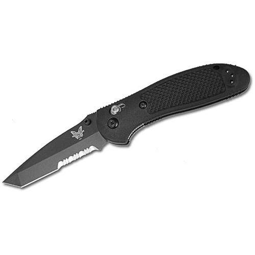 A Benchmade Griptilian folding pocket knife - black - white background - left side, horizontal view