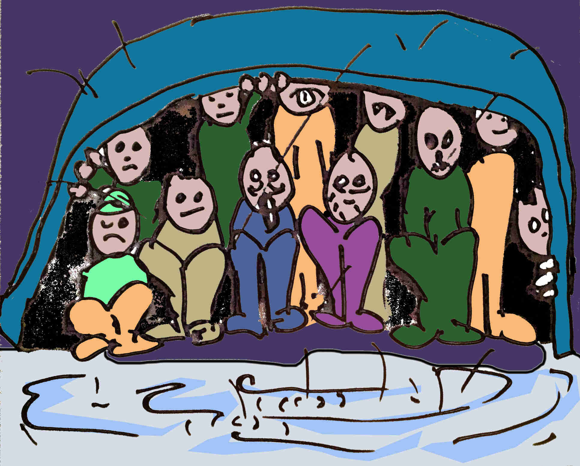 Color cartoon illustration of a group of people, sitting and standing under a blue tarp, behind a water puddle