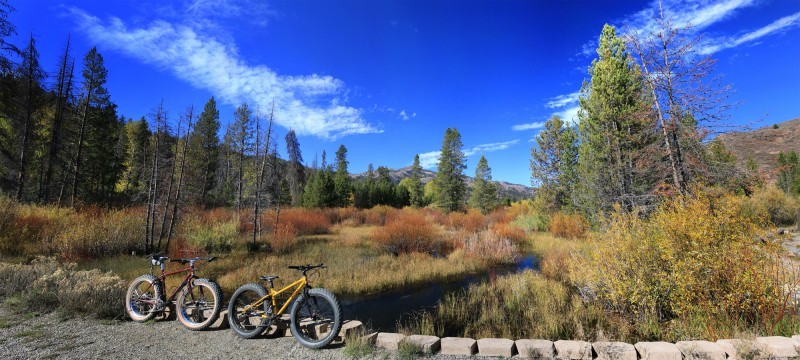 Right side view of 2 Surly fat bikes, parked against a stone curb, with a stream, brushy field and trees in background