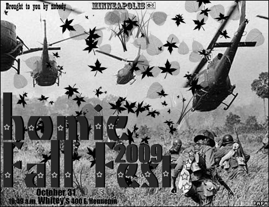 Black & white Poster for the Homie Fall Fest 2009 event - image of military choppers and soldiers, with text & graphics