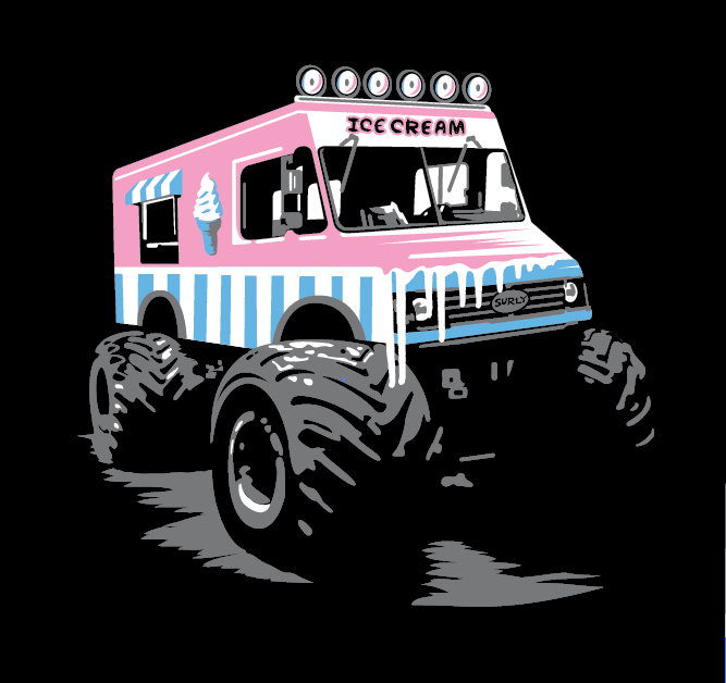 Graphic illustration of an ice cream truck with monster tires, against a black background