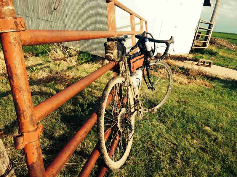 Rear, right side view of a muddy Surly bike, leaning against a livestock gate on grass, facing towards a steel barn