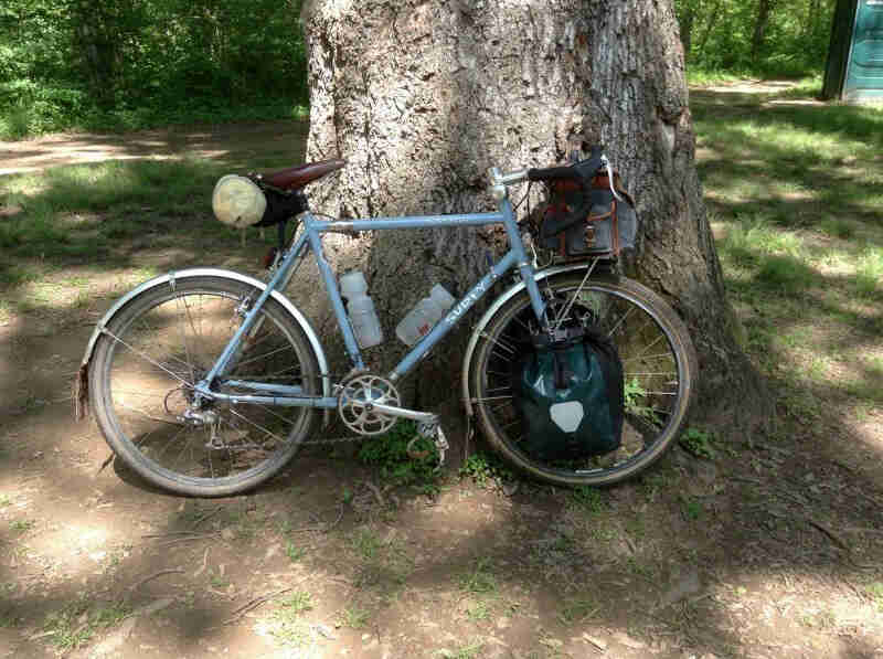 Right profile of a Surly bike, light blue, parked in dirt at the base of a large tree, with the woods in the background