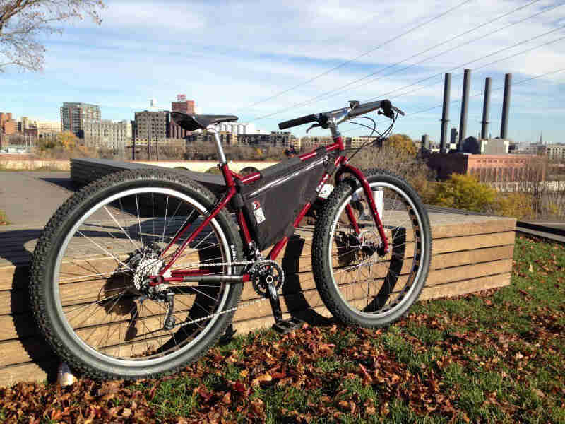 Right side view of a Surly bike, red, parked on leaves and grass, with a city skyline in the background
