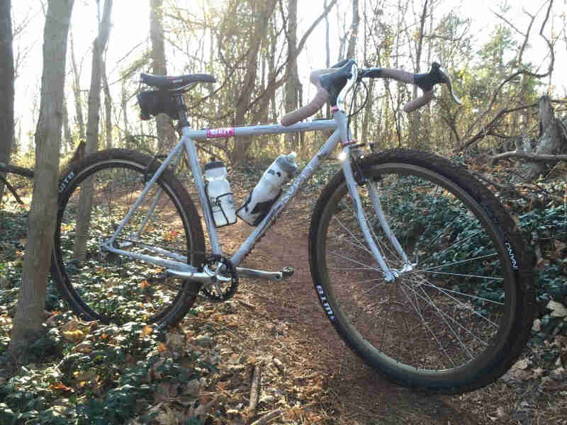 Right side view of a light blue Surly bike, parked across a dirt trail in the woods