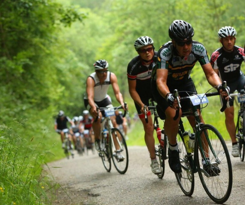 Front view of a cyclist riding a green Surly bike, up a hill on a paved road in the forest, with other cyclists behind