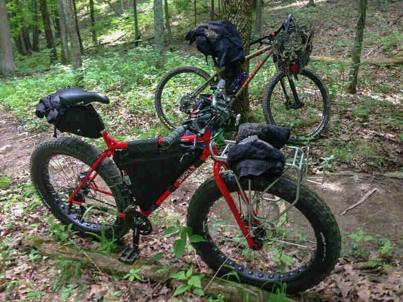 Right side view of a red Surly fat bike, in a forest, parked on one side of a dirt trail with another bike on the other