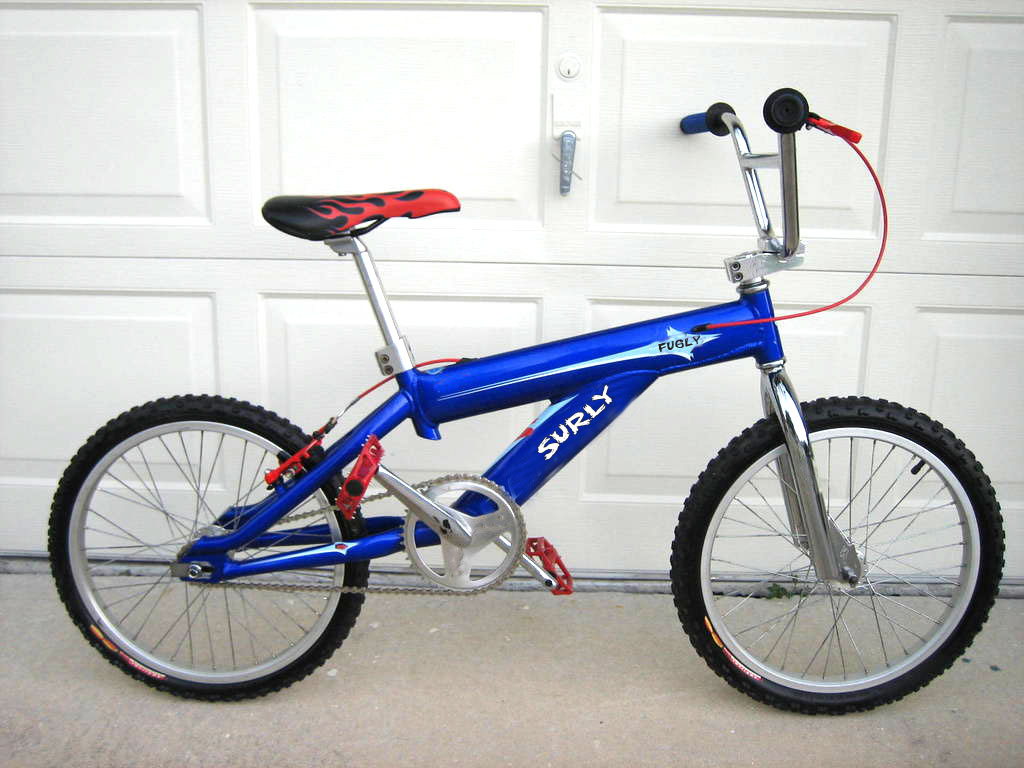 Right side view of a child's blue BMX bike, parked against a garage door