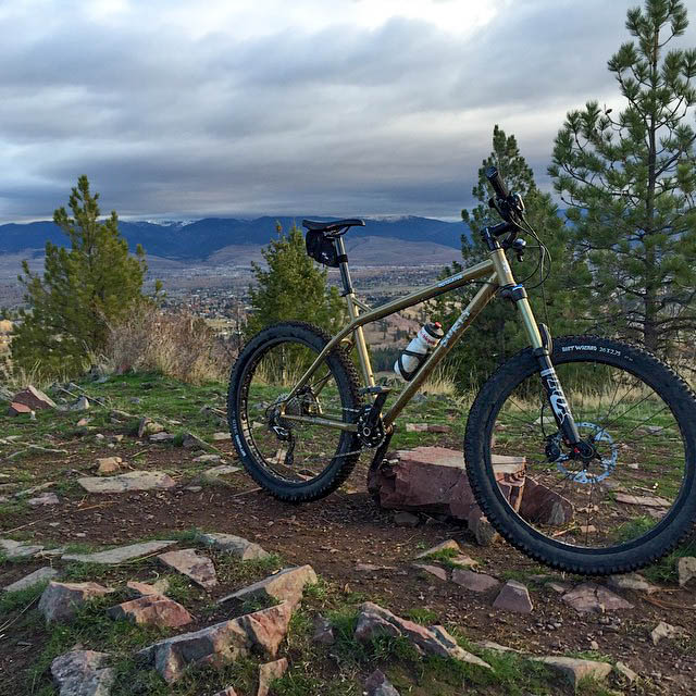 Right side view of an olive Surly Instigator bike, park on a rocky hilltop, with trees and mountains in the background