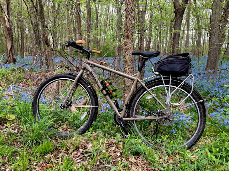 Left side view of a Surly bike standing in deep grass, with a forest and blue flowers on the ground in the background