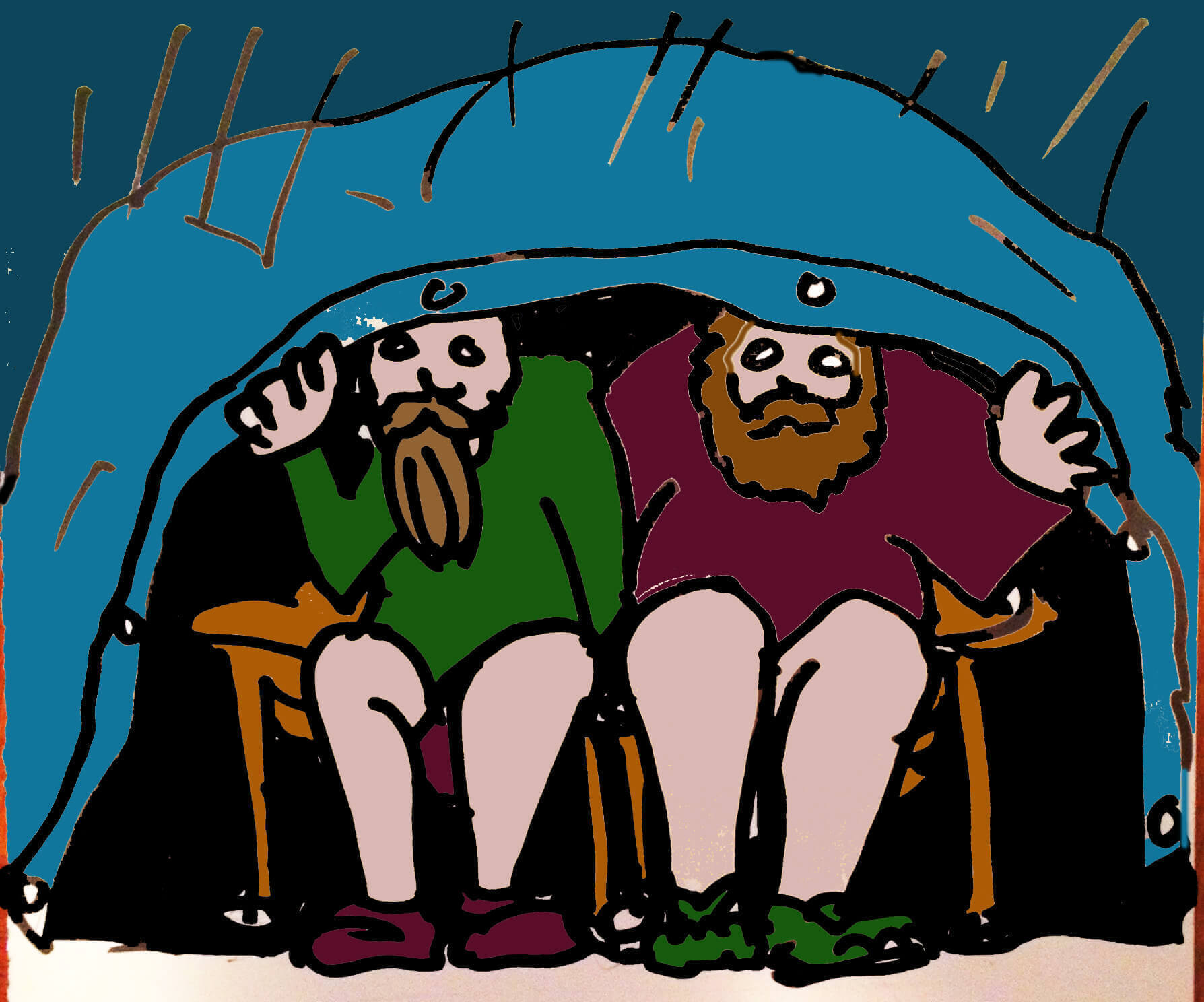 Color cartoon illustration of 2 bearded people sitting in chairs, underneath a blue tarp