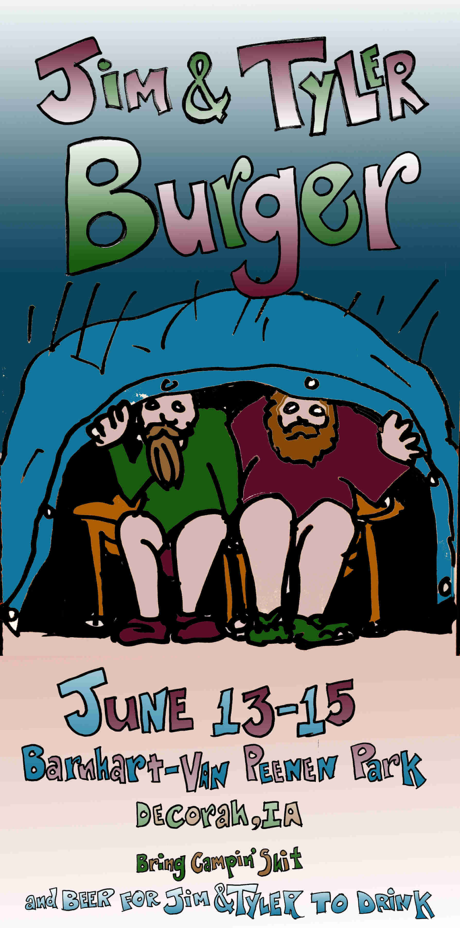 A colored flyer of an event for Jim & Tyler Burger, with an animated drawing of 2 people sitting under a tent